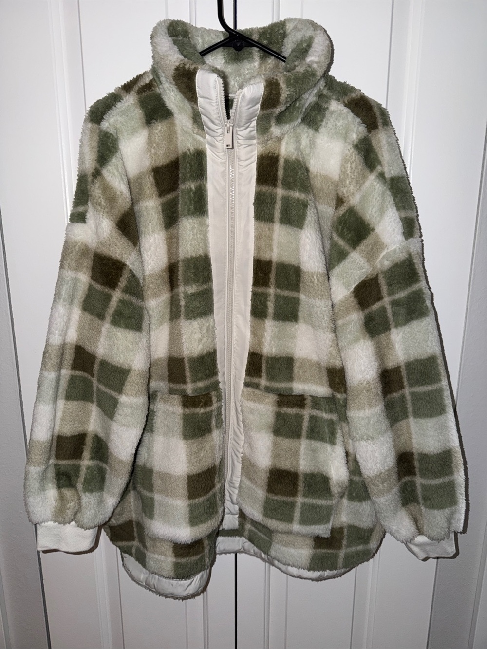 Maurices Cozy Green Plaid Sherpa Zip Jacket